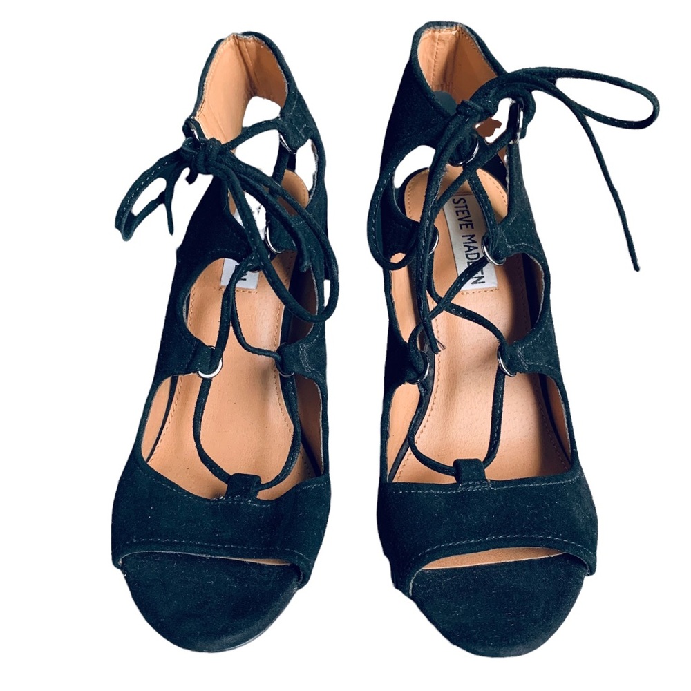 Black Aryah Suede Lace Up Heel Sandal 7.5 M Pumps